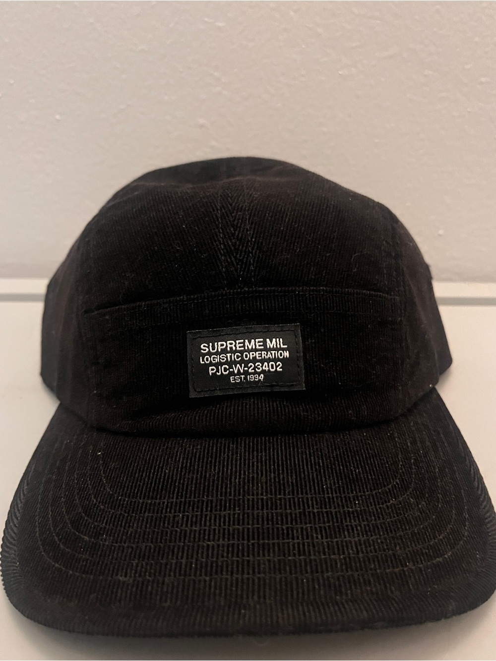 Black Supreme Corduroy Pocket Camp Cap from the Fall/Winter 2024 collection